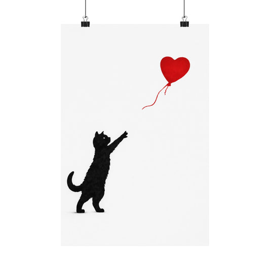 Cat With Balloon Poster | Black Cat Heart Balloon Print | Stencil Street Art Cat Wall Art | Modern Gallery Print
