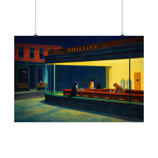 Late Night Cats Poster | Hopper-Inspired Diner Cat Art Print | Modern Cat Wall Art | Gallery Print