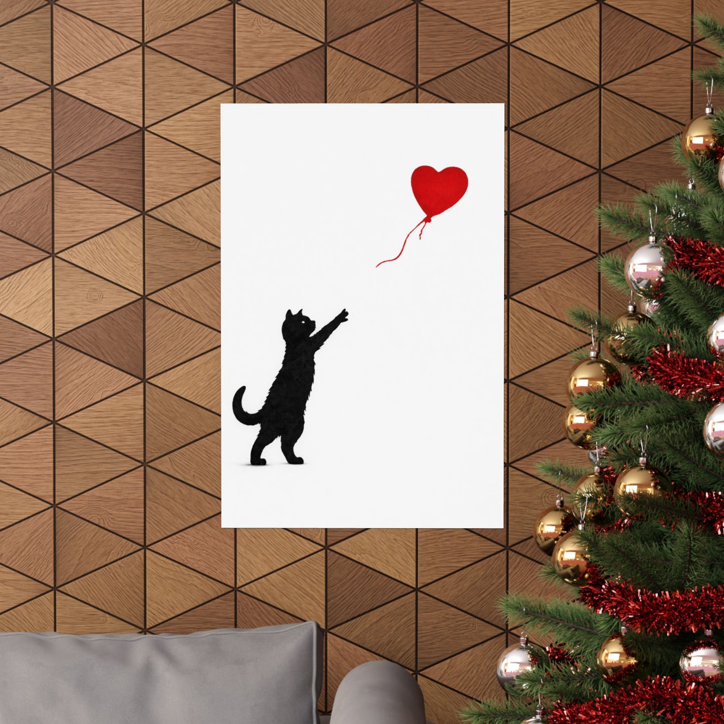 Cat With Balloon Poster | Black Cat Heart Balloon Print | Stencil Street Art Cat Wall Art | Modern Gallery Print