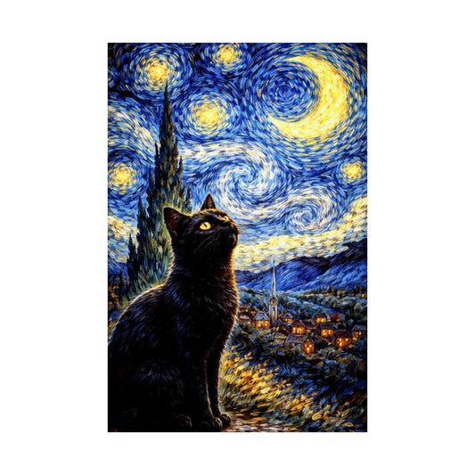 Starry Night Cat Matte Poster — Vertical Art Print for Home & Gift