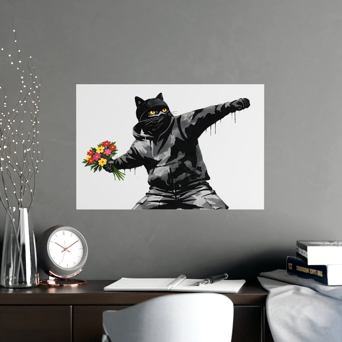Flower Thrower Cat | Banksy-Style Black Cat Art Print