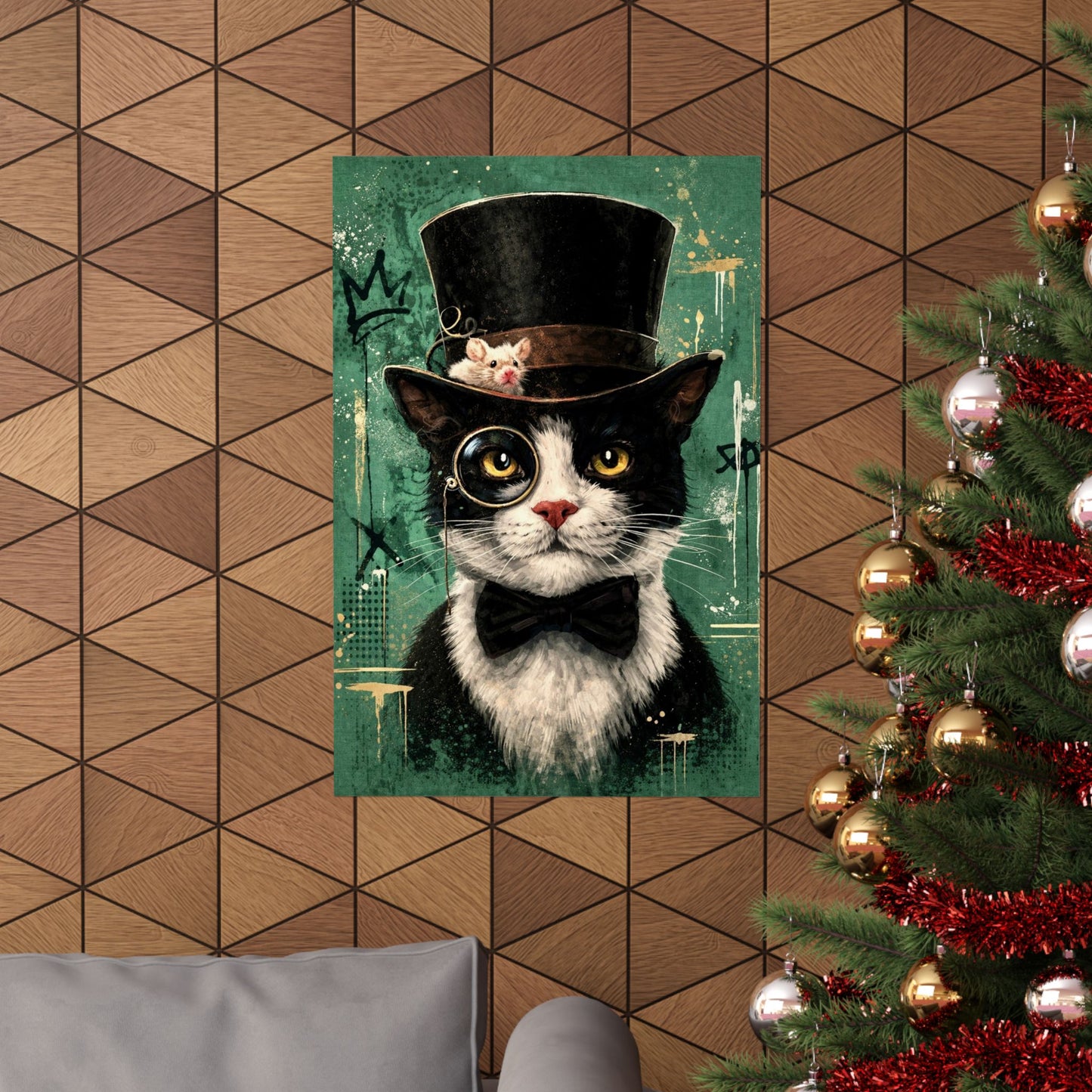 Steampunk Cat Poster — Dapper Tuxedo Cat with Top Hat & Monocle Matte Print