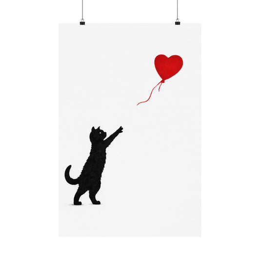 Cat With Balloon Poster | Black Cat Heart Balloon Print | Stencil Street Art Cat Wall Art | Modern Gallery Print