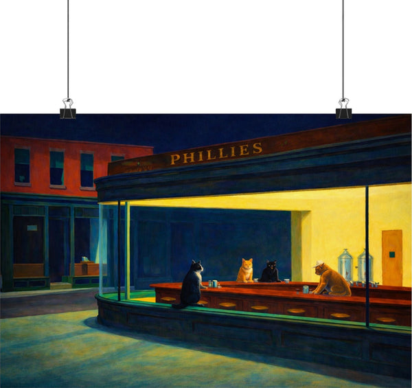 Late Night Cats Poster | Hopper-Inspired Diner Cat Art Print | Modern Cat Wall Art | Gallery Print