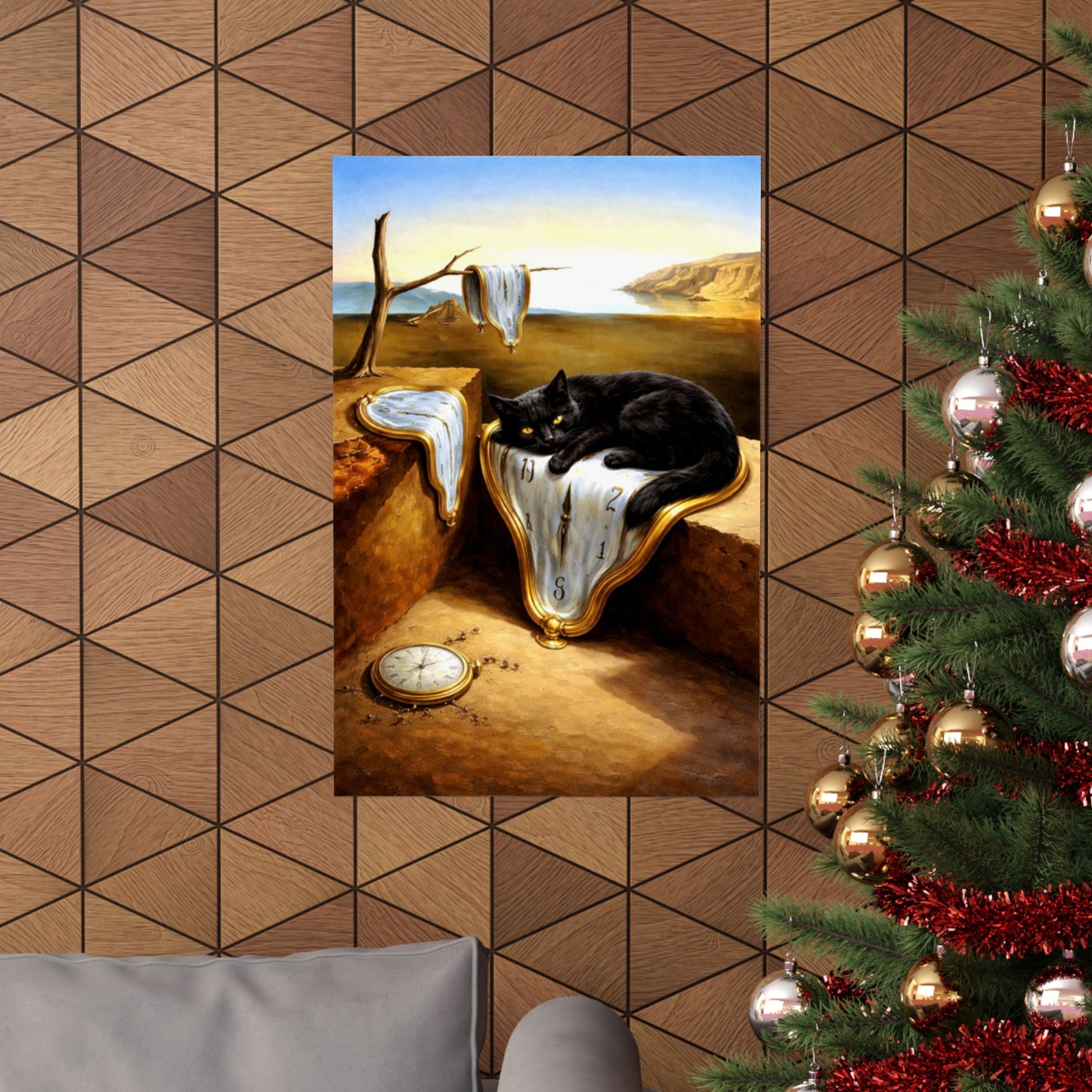 Surreal Cat & Melting Clocks Matte Poster — Dali-Inspired Vertical Wall Art