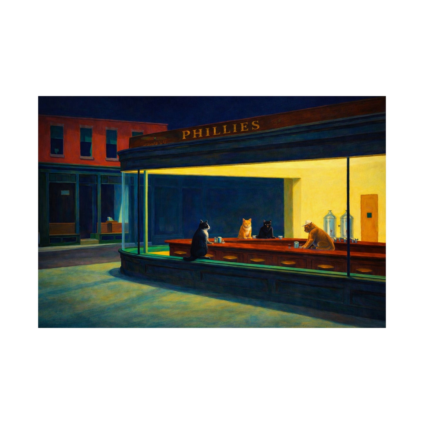 Late Night Cats Poster | Hopper-Inspired Diner Cat Art Print | Modern Cat Wall Art | Gallery Print
