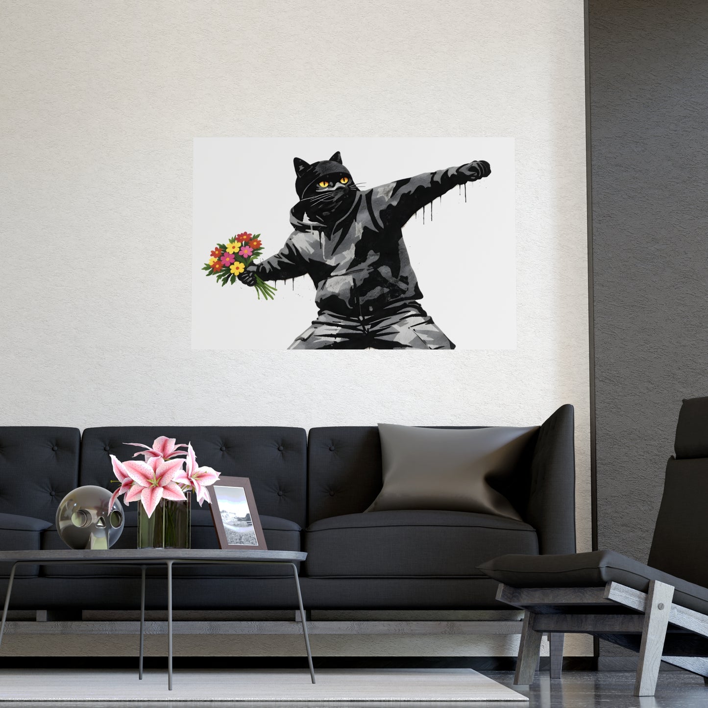 Flower Thrower Cat | Banksy-Style Black Cat Art Print