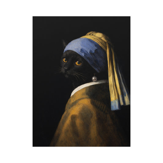 Cat with a Pearl Earring | Vermeer-Style Black Cat Art Print | CATSKY