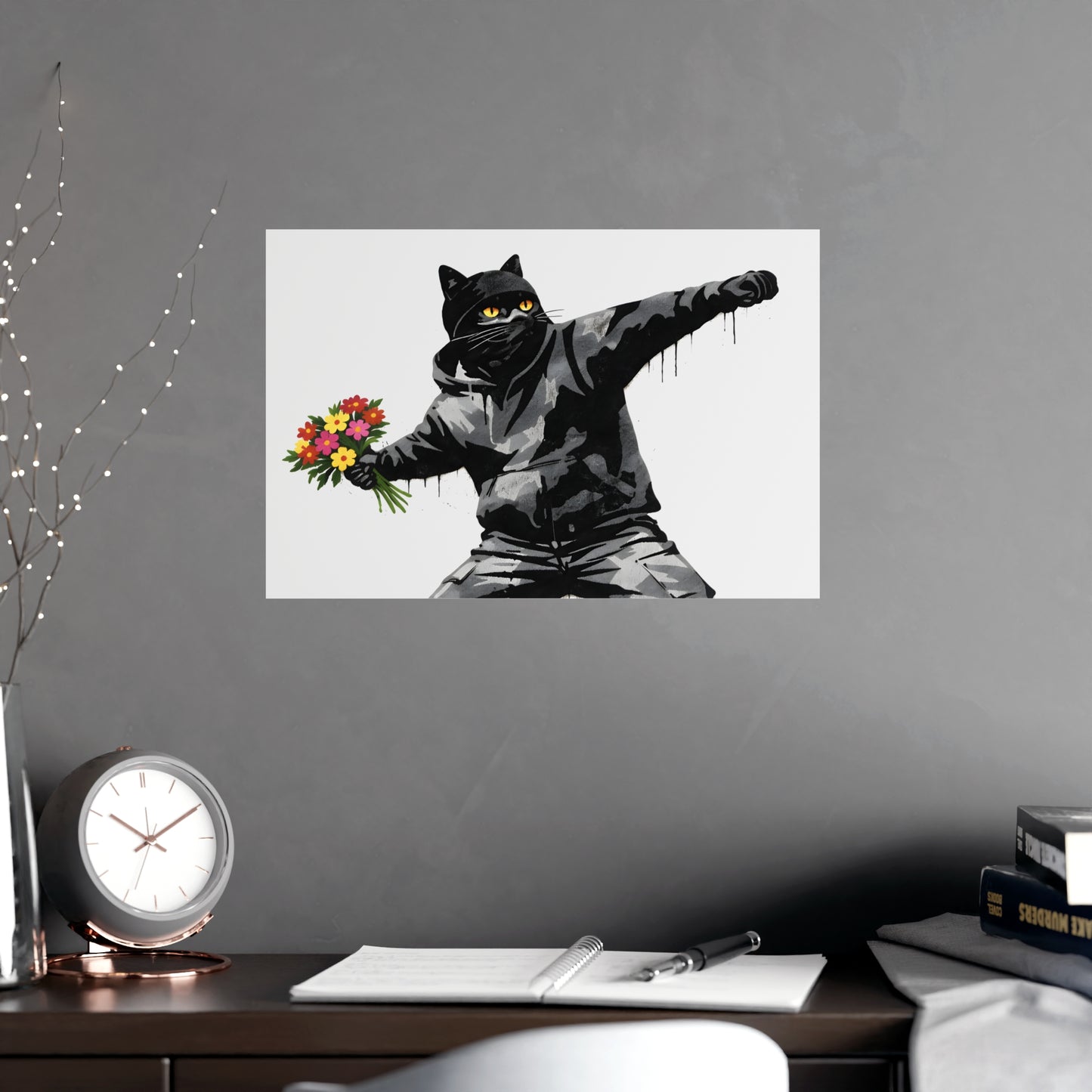 Flower Thrower Cat | Banksy-Style Black Cat Art Print