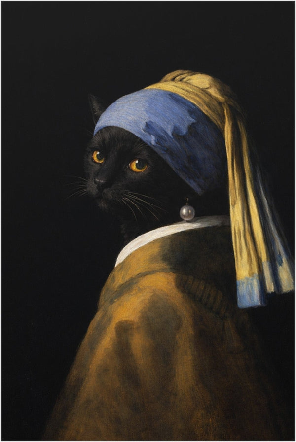 Cat with a Pearl Earring | Vermeer-Style Black Cat Art Print | CATSKY