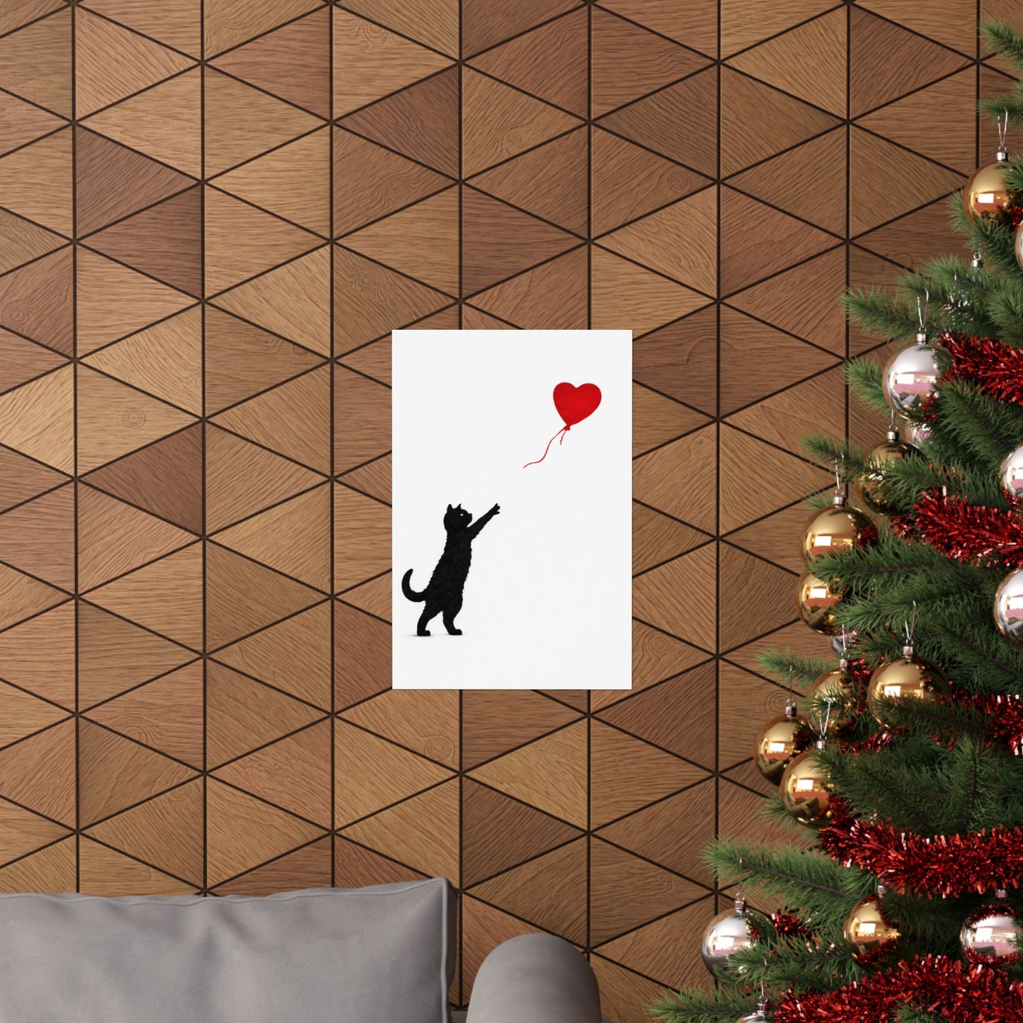 Cat With Balloon Poster | Black Cat Heart Balloon Print | Stencil Street Art Cat Wall Art | Modern Gallery Print