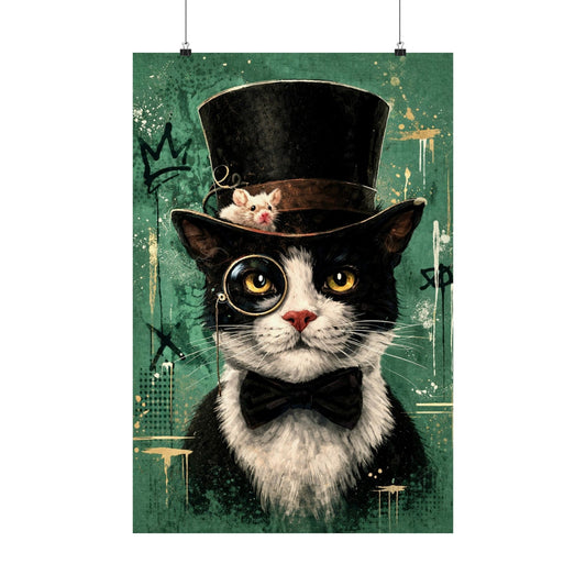 Steampunk Cat Poster — Dapper Tuxedo Cat with Top Hat & Monocle Matte Print