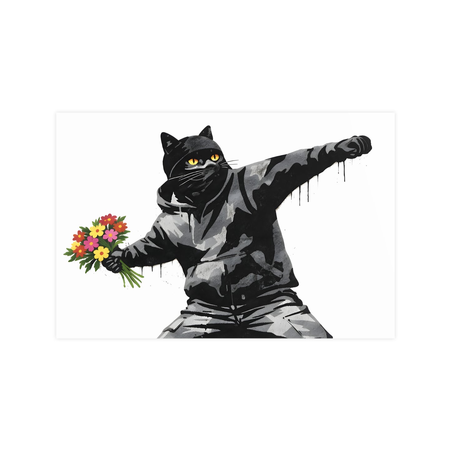 Flower Thrower Cat | Banksy-Style Black Cat Art Print
