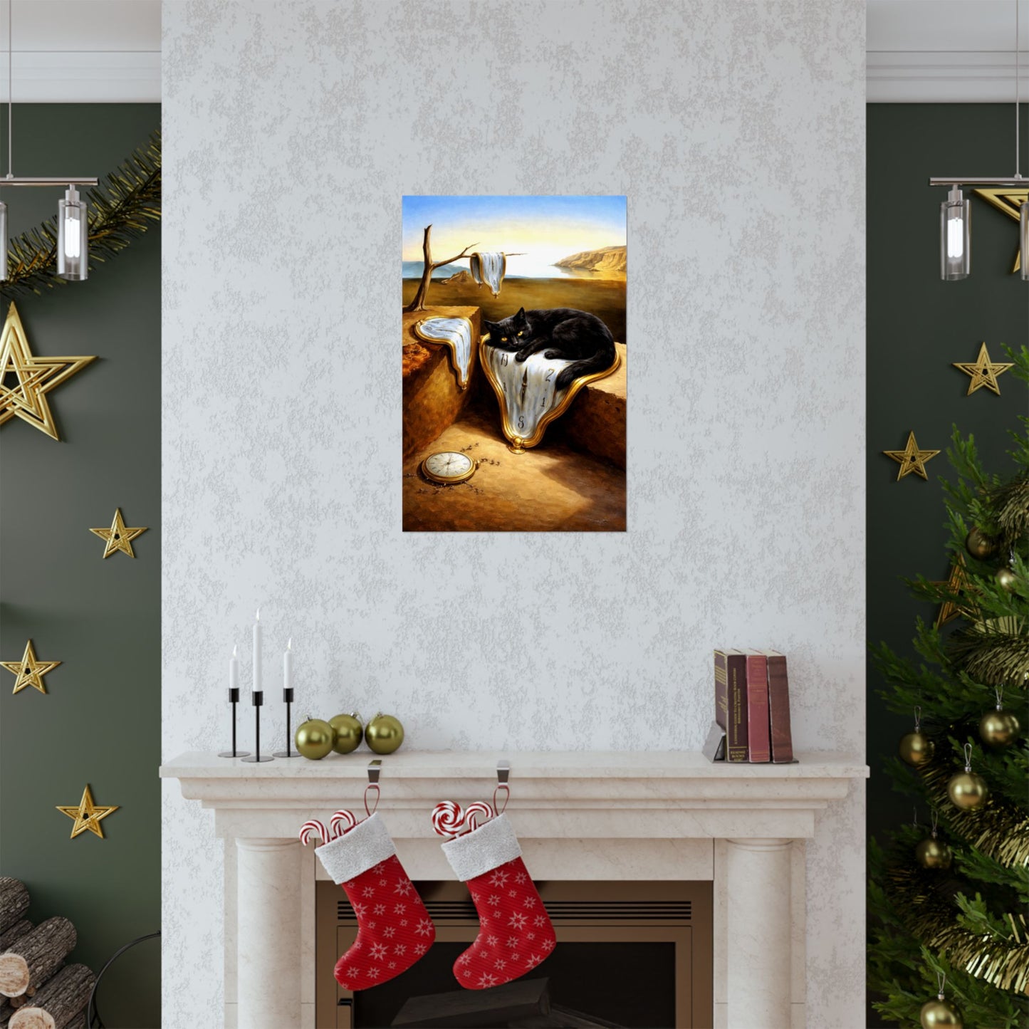 Surreal Cat & Melting Clocks Matte Poster — Dali-Inspired Vertical Wall Art