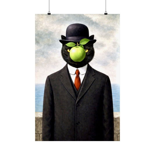 Surreal Cat with Green Apple Matte Poster- "The Son of Man"