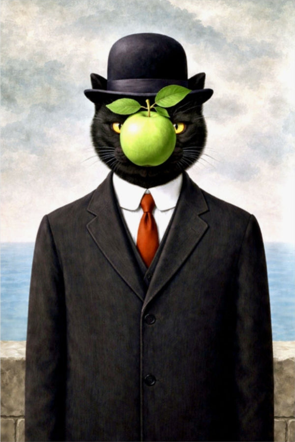 Surreal Cat with Green Apple Matte Poster- "The Son of Man"