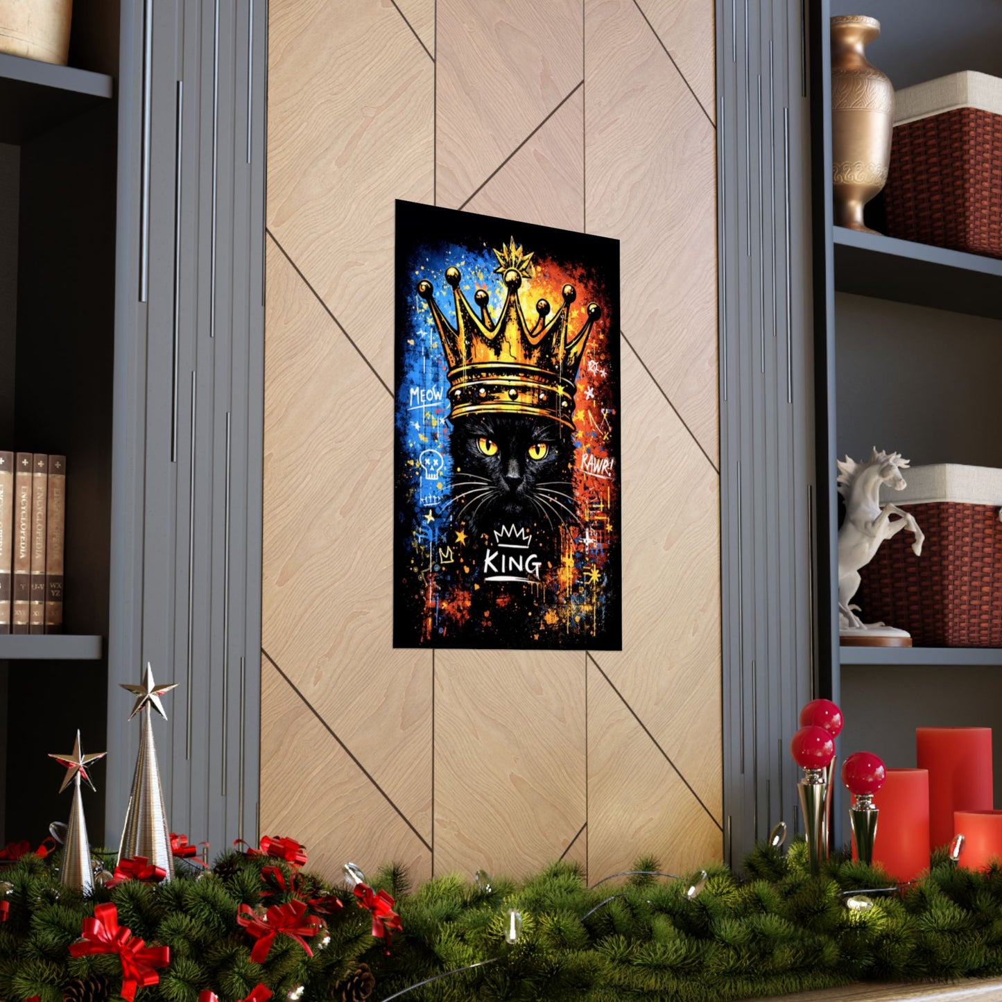 King Cat Poster — Regal Black Cat Crown Matte Vertical Art Print