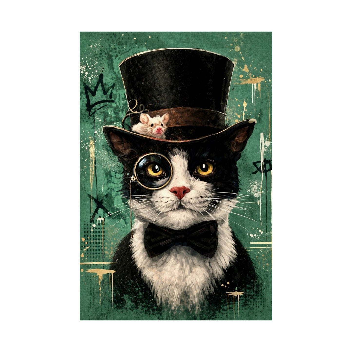 Steampunk Cat Poster — Dapper Tuxedo Cat with Top Hat & Monocle Matte Print