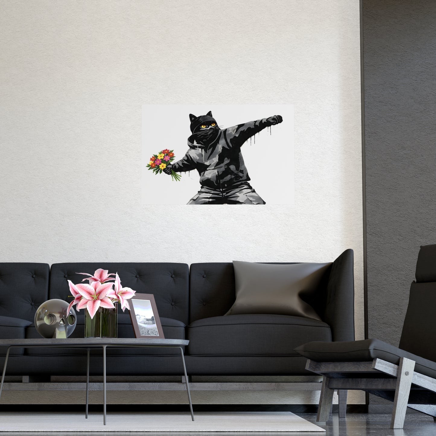 Flower Thrower Cat | Banksy-Style Black Cat Art Print