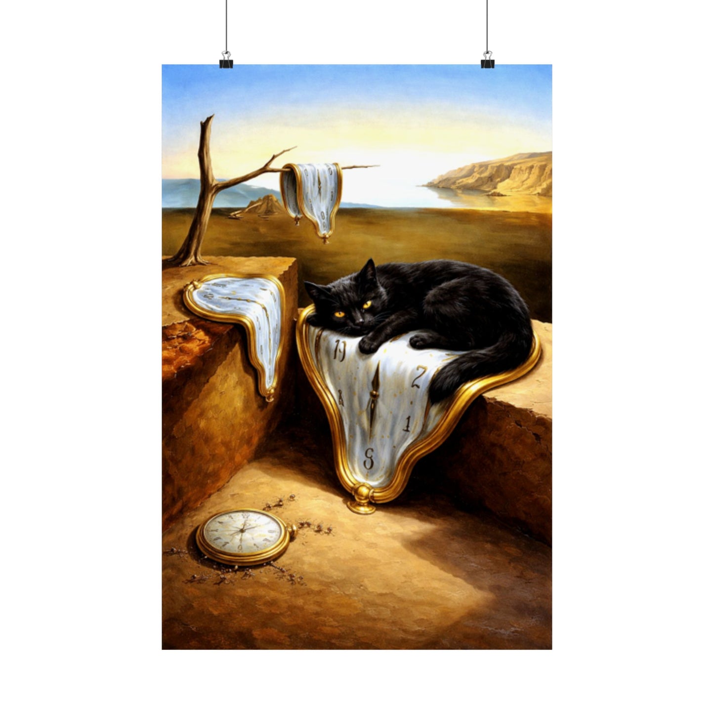 Surreal Cat & Melting Clocks Matte Poster — Dali-Inspired Vertical Wall Art