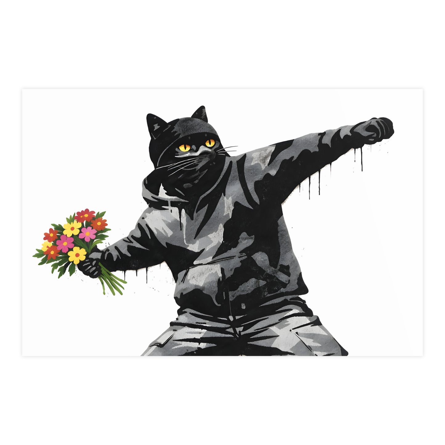Flower Thrower Cat | Banksy-Style Black Cat Art Print