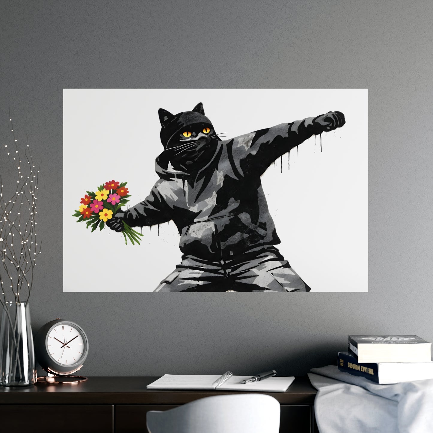 Flower Thrower Cat | Banksy-Style Black Cat Art Print