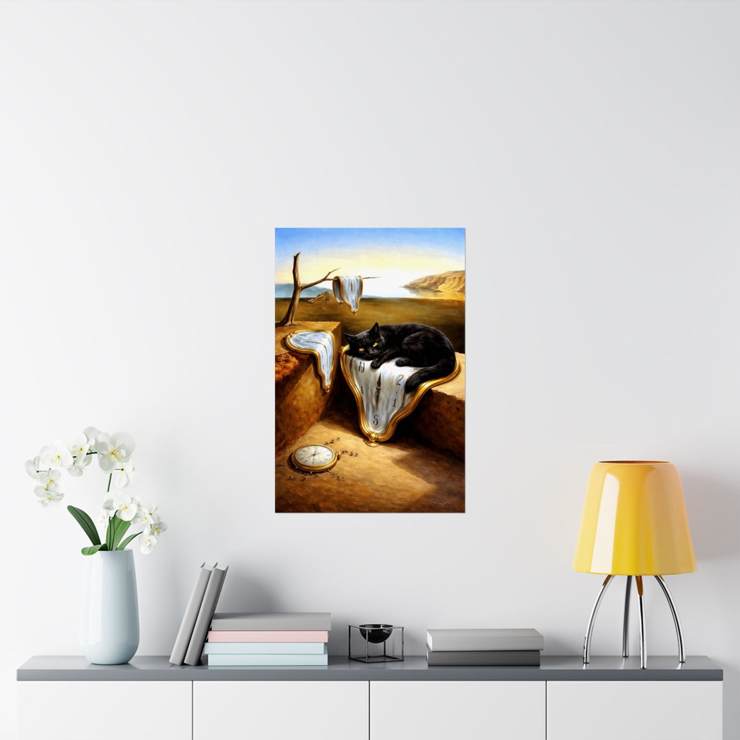 Surreal Cat & Melting Clocks Matte Poster — Dali-Inspired Vertical Wall Art